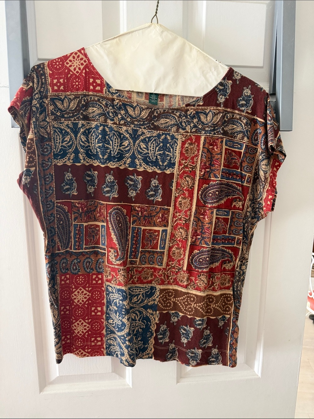 Lauren Ralph Lauren Red, Blue and Brown Patchwork Paisley Short Sleeve Top